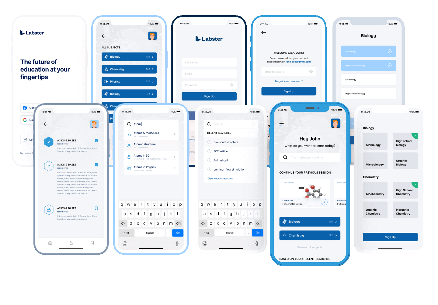 screenshots of education app at different stages