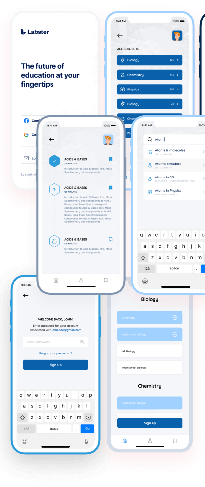 screenshots of education app at different stages