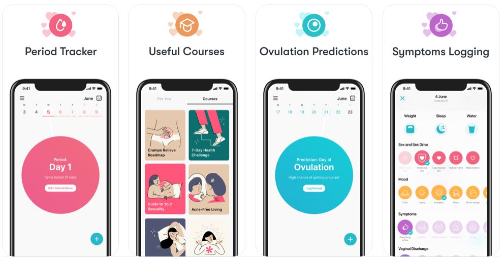 screenshots from women's health app